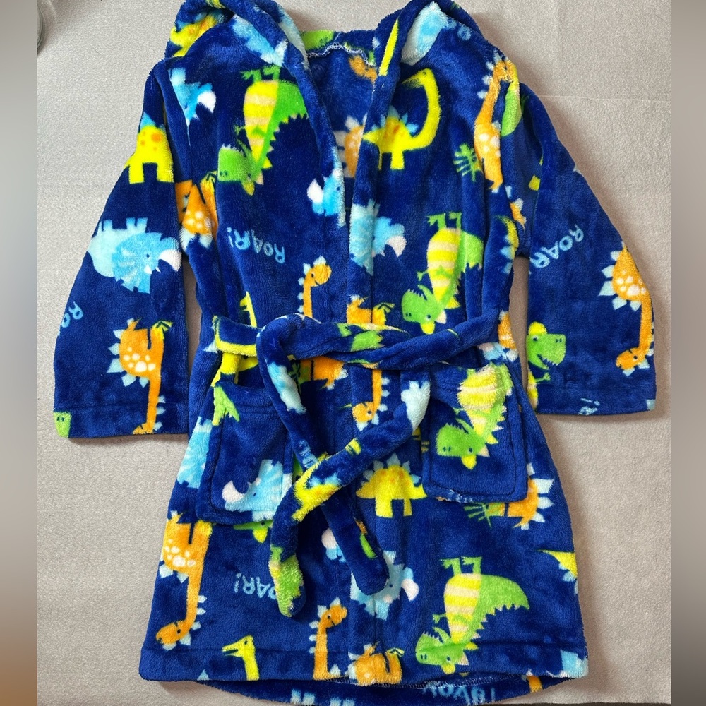 Kids hooded super soft fleece dinosaur robe w/ waist tie- 4-5yr